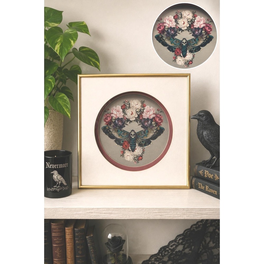 Upcycled Gothic Death's Head Moth Wall Art Vintage Frame Dark Academia Decor 10"